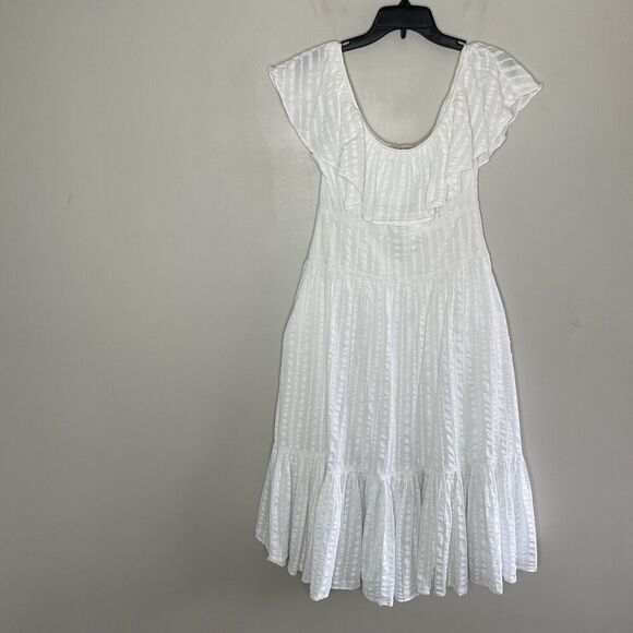 TORY BURCH Midi Dress Women 6 White Striped Seersucker 100% Cotton - Picture 2 of 16